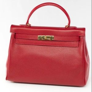 Red Italian leather handbag 13 inch with gold hardware